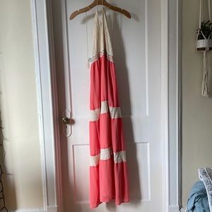 Flying Tomato halter maxi dress with a cream knit halter and flowing pink skirt